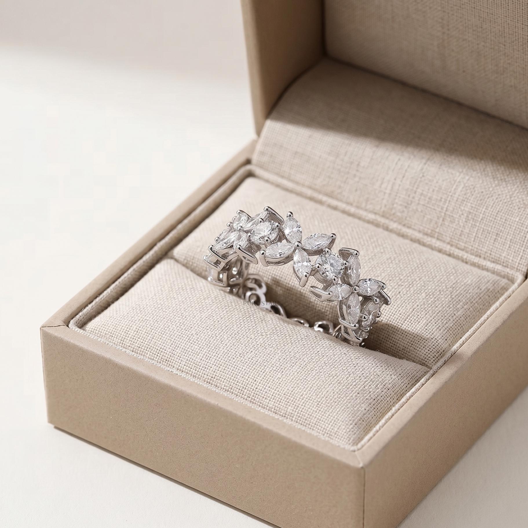 Real Lab Grown Diamond Flower Ring, Marquise Round Full Eternity Band, Floral Wedding Ring, Anniversary Gift for Her