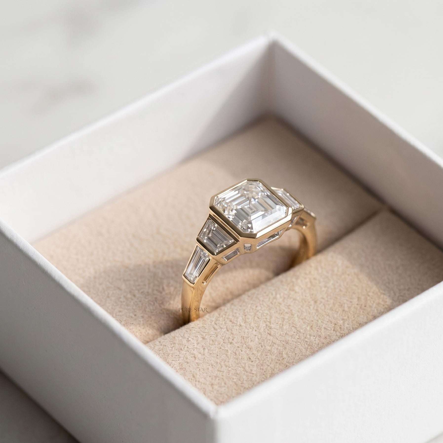 1.75CT Asscher Cut Lab Grown Diamond Five Stone Ring, IGI Certified CVD Diamond Engagement Ring, Bezel Set 14K Gold Wedding Ring