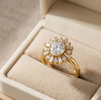 Sunburst Halo Round Cut Lab Grown Diamond Engagement Ring, Baguette & Round Halo Ring, 10K 14K 18K Solid Gold Ring, Unique Bridal Ring