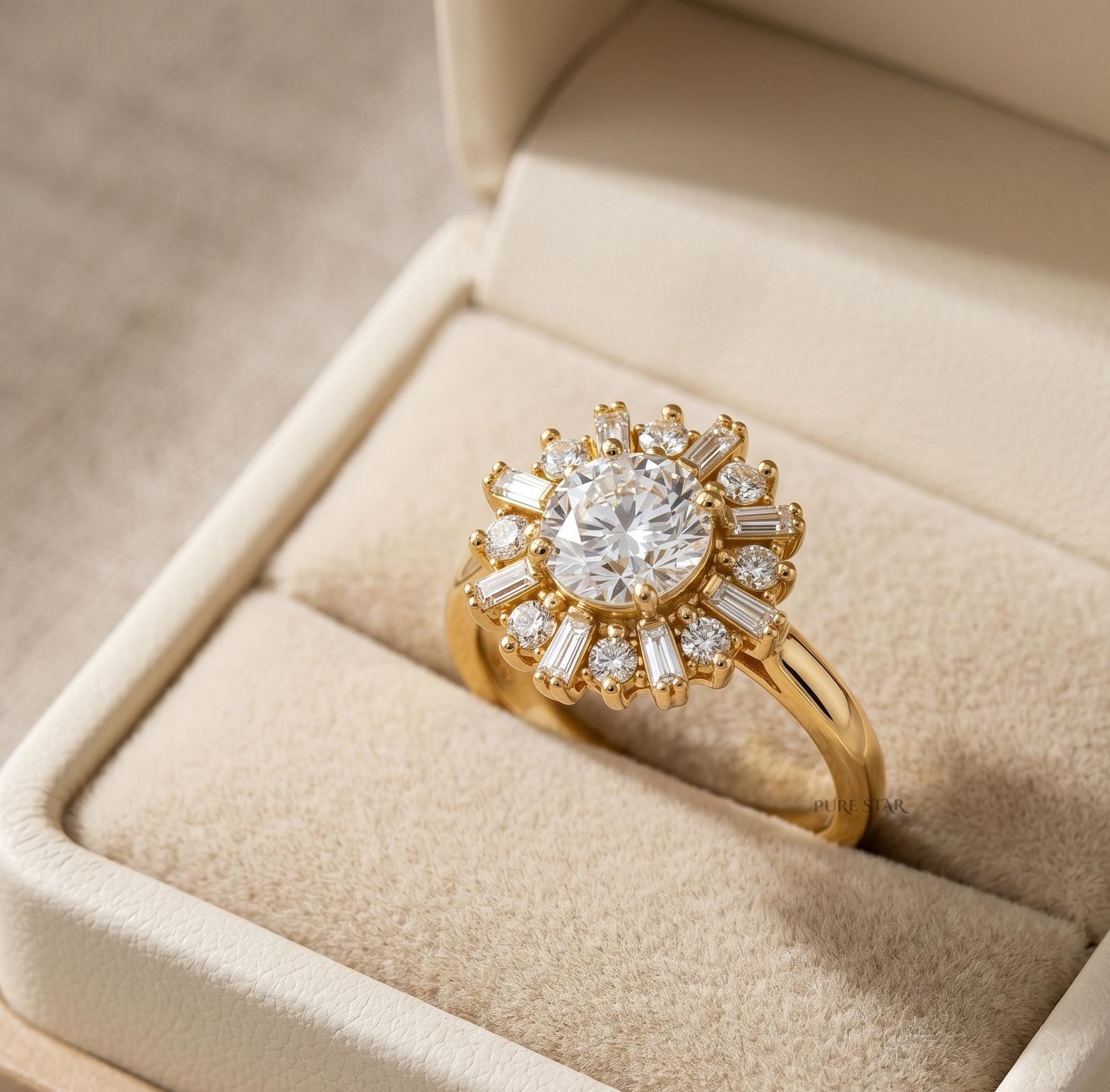 Sunburst Halo Round Cut Lab Grown Diamond Engagement Ring, Baguette & Round Halo Ring, 10K 14K 18K Solid Gold Ring, Unique Bridal Ring
