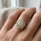 Sunburst Halo Round Cut Lab Grown Diamond Engagement Ring, Baguette & Round Halo Ring, 10K 14K 18K Solid Gold Ring, Unique Bridal Ring