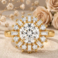 Sunburst Halo Round Cut Lab Grown Diamond Engagement Ring, Baguette & Round Halo Ring, 10K 14K 18K Solid Gold Ring, Unique Bridal Ring