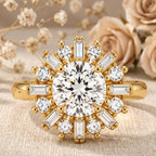 Sunburst Halo Round Cut Lab Grown Diamond Engagement Ring, Baguette & Round Halo Ring, 10K 14K 18K Solid Gold Ring, Unique Bridal Ring