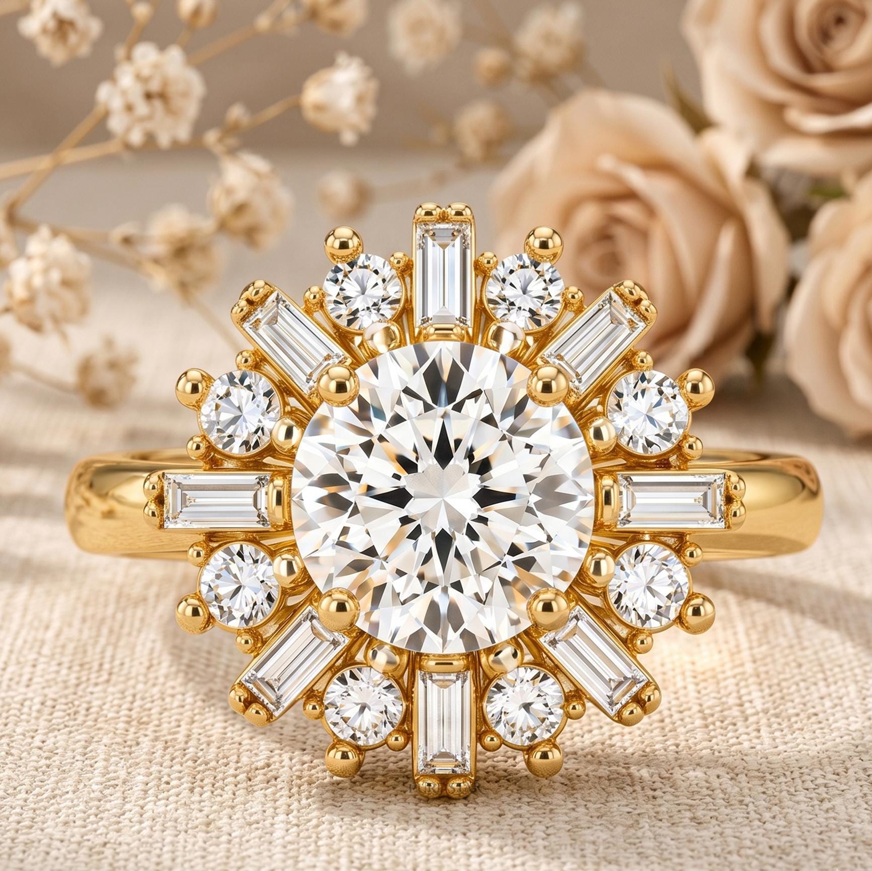 Sunburst Halo Round Cut Lab Grown Diamond Engagement Ring, Baguette & Round Halo Ring, 10K 14K 18K Solid Gold Ring, Unique Bridal Ring