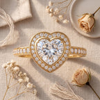 Hidden halo heart diamond ring worn on a woman's hand.