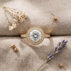 Elegant hidden halo round diamond proposal ring worn on a woman's hand in natural lighting.