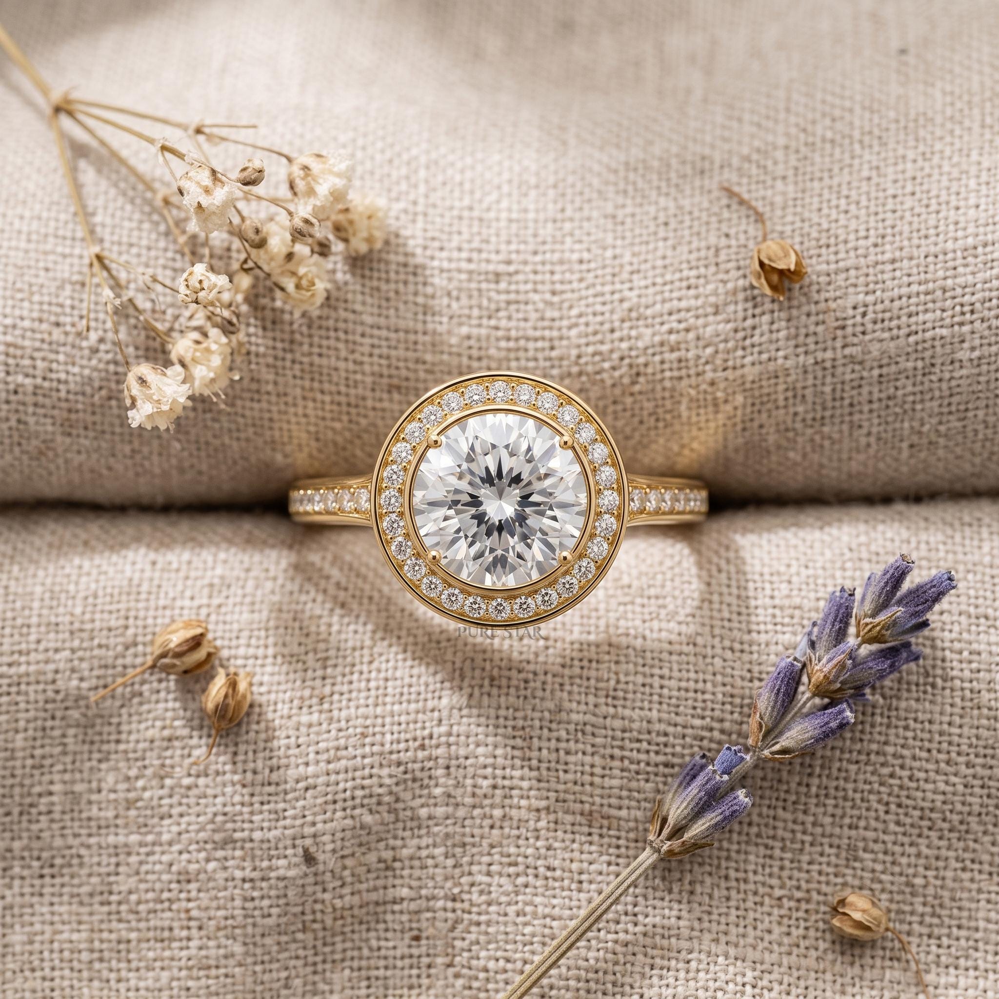 Elegant hidden halo round diamond proposal ring worn on a woman's hand in natural lighting.