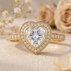 Heart cut lab grown diamond hidden halo engagement ring in yellow gold.