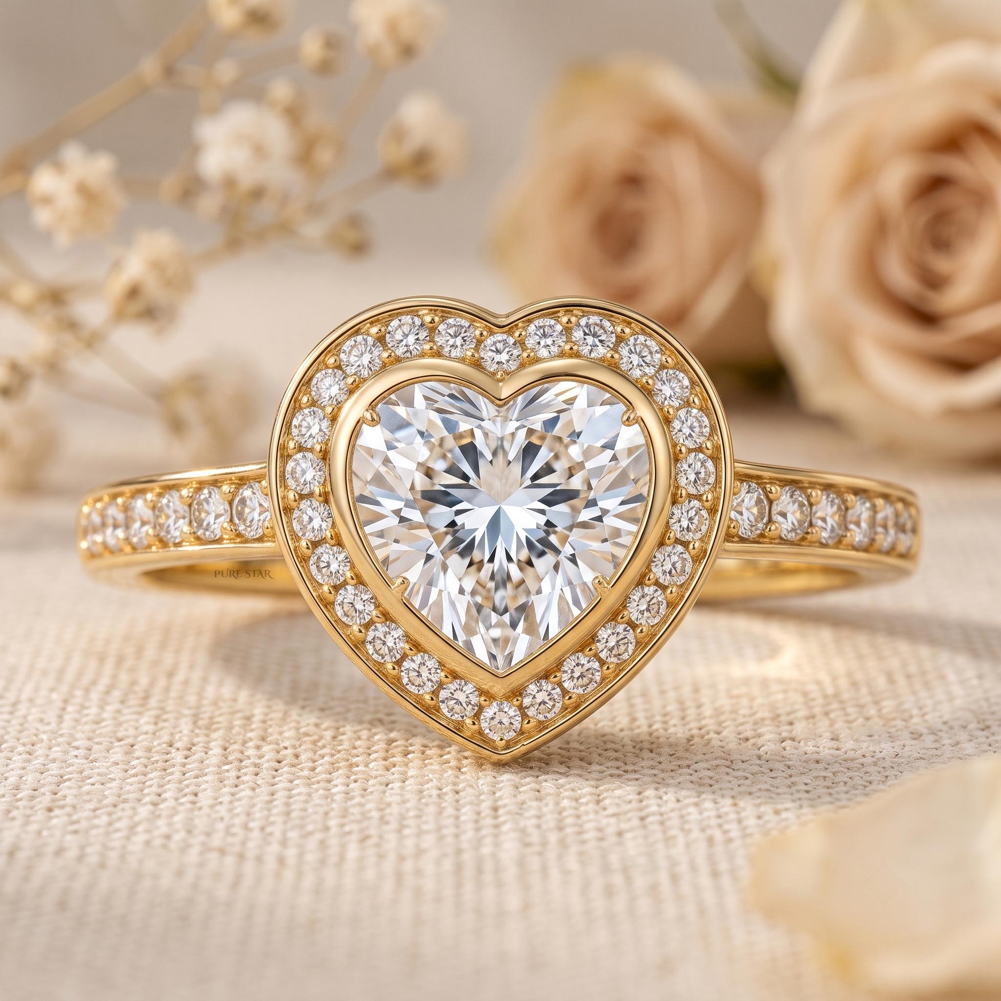 Heart cut lab grown diamond hidden halo engagement ring in yellow gold.
