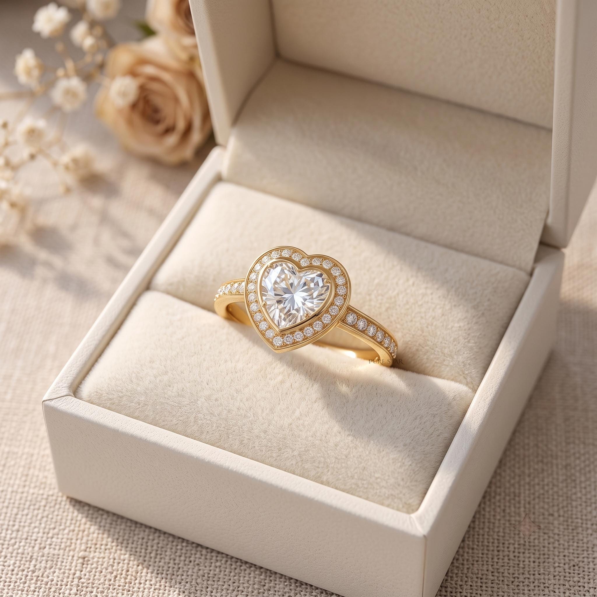 Heart shaped diamond engagement ring in premium gift box.