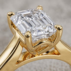 Hand wearing an emerald cut lab grown diamond engagement ring in natural daylight.