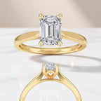 Handmade emerald cut lab diamond ring crafted in solid 18K yellow gold for women.