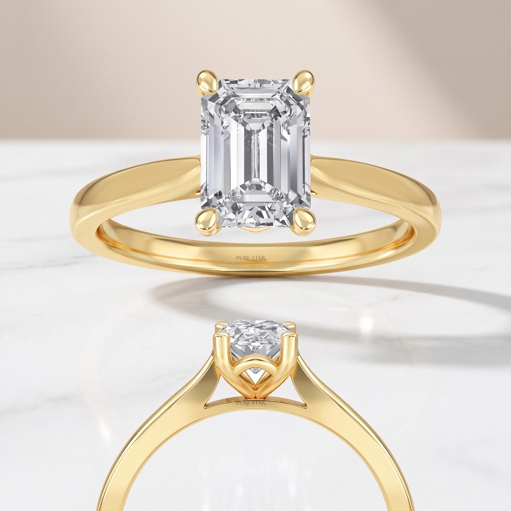 Handmade emerald cut lab diamond ring crafted in solid 18K yellow gold for women.