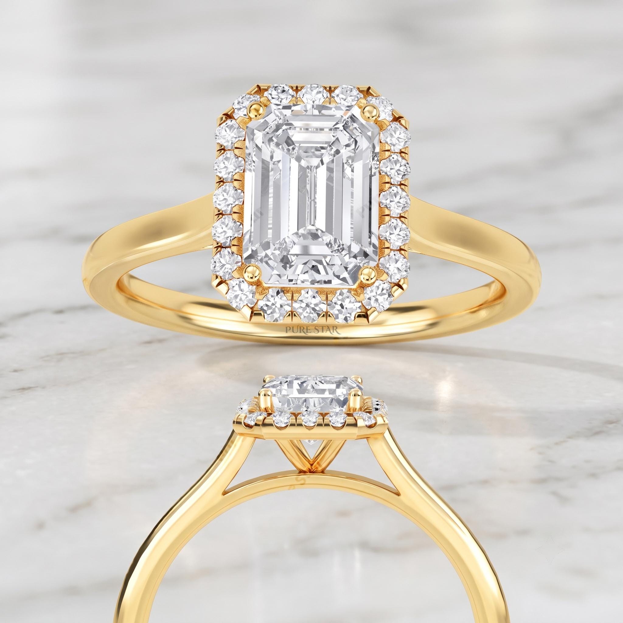 Side profile of emerald cut halo engagement ring highlighting the pavé band and halo setting.