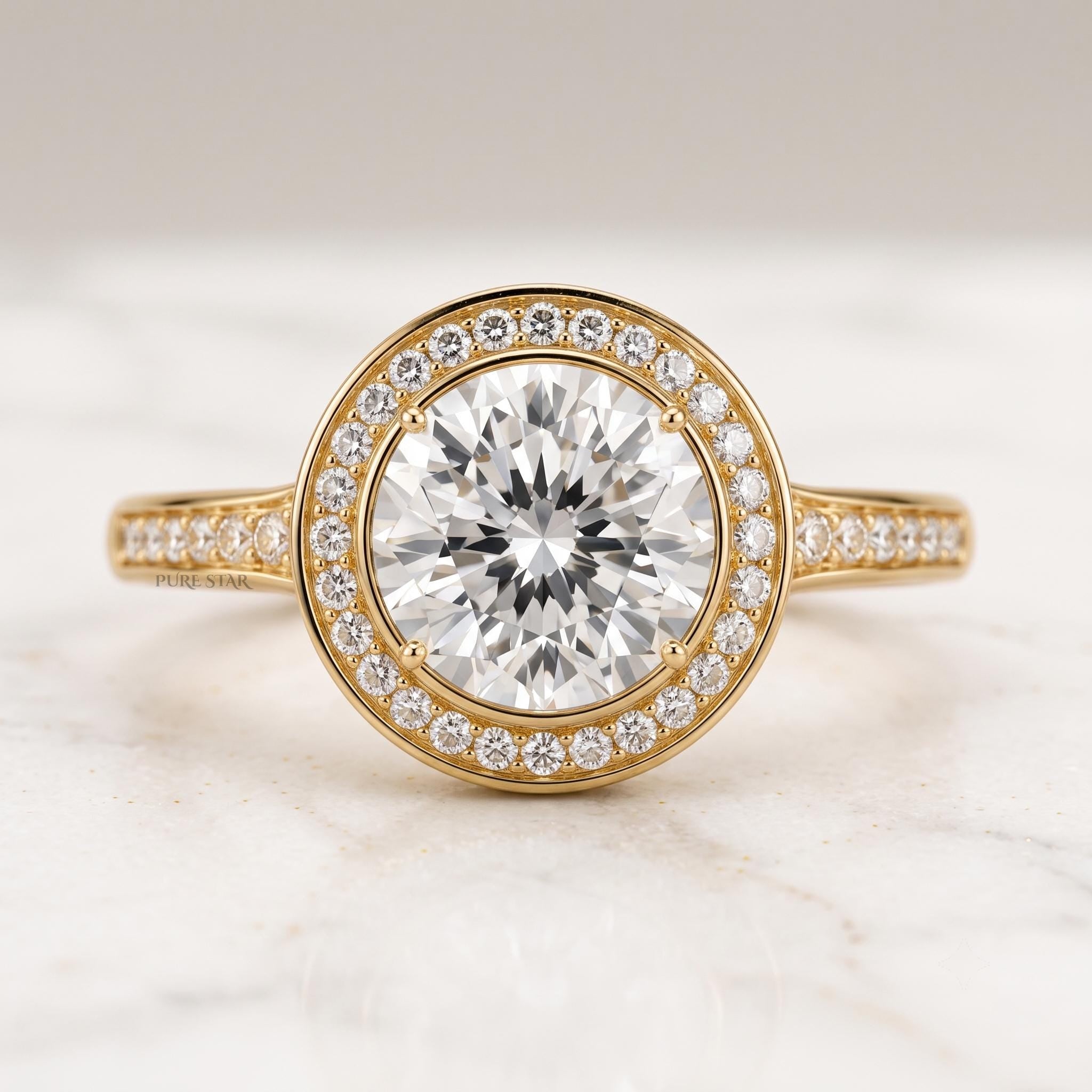 Round cut solitaire engagement ring with hidden halo crafted in 18K rose gold for bridal jewelry.
