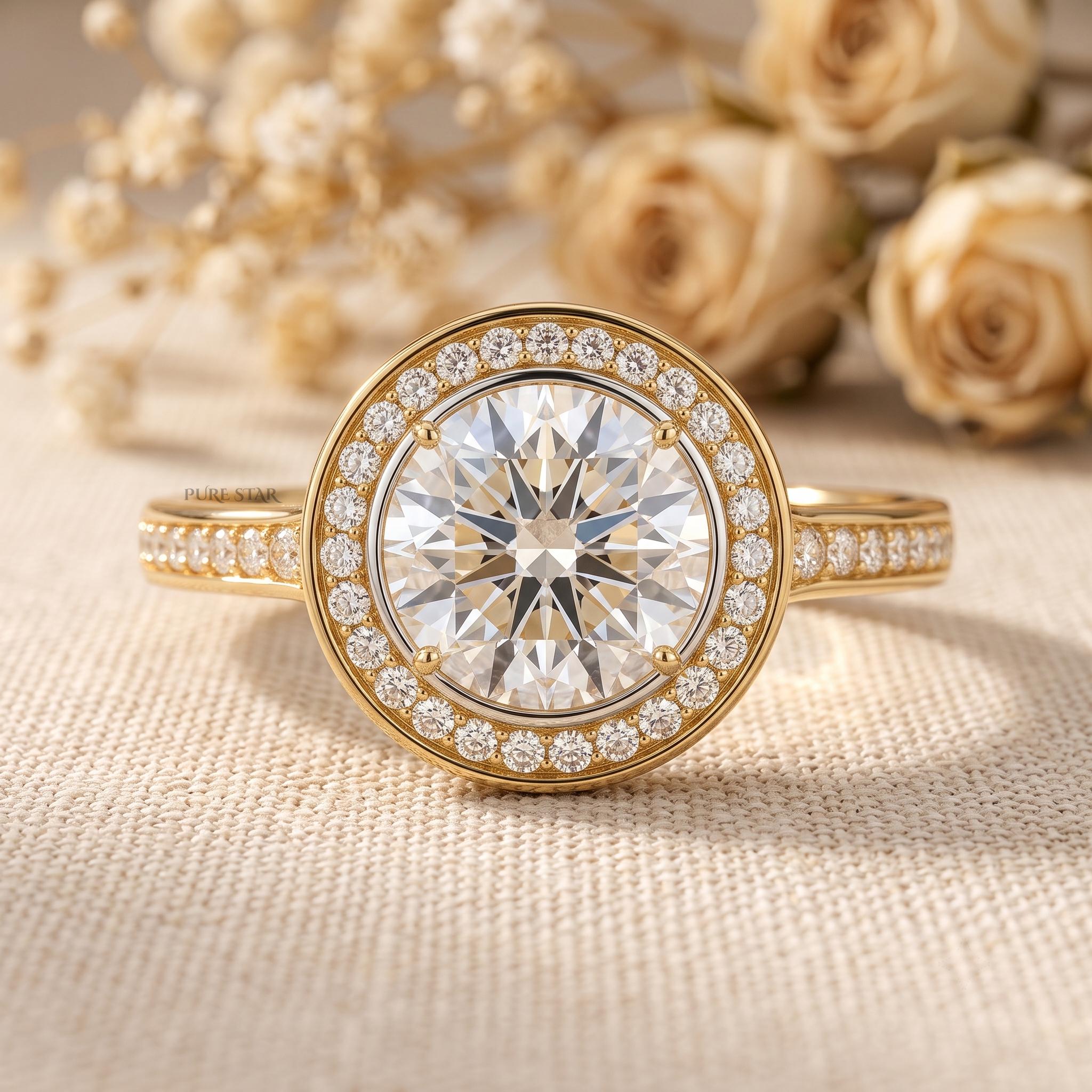 Round cut lab grown diamond hidden halo engagement ring in 14K yellow gold with a classic solitaire setting.
