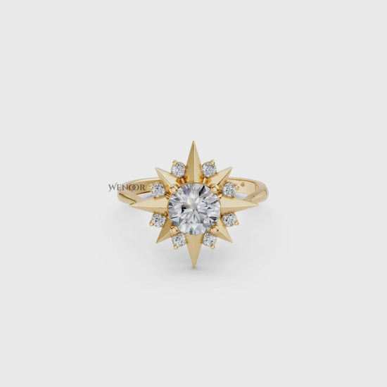 14K gold vintage star ring with lab created moissanites, perfect as a celestial inspired anniversary or birthday gift for her