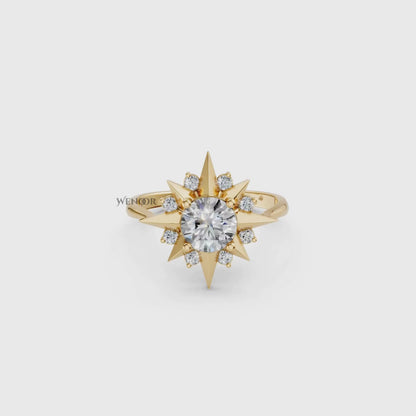 14K gold vintage star ring with lab created moissanites, perfect as a celestial inspired anniversary or birthday gift for her