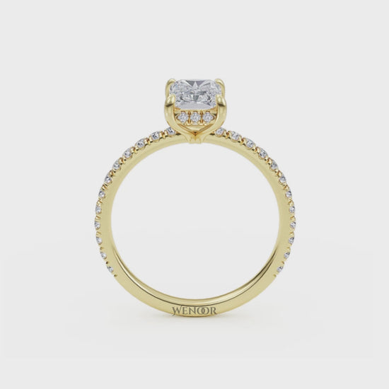 Modern radiant cut engagement ring with hidden halo accents, crafted with conflict free lab grown diamonds 