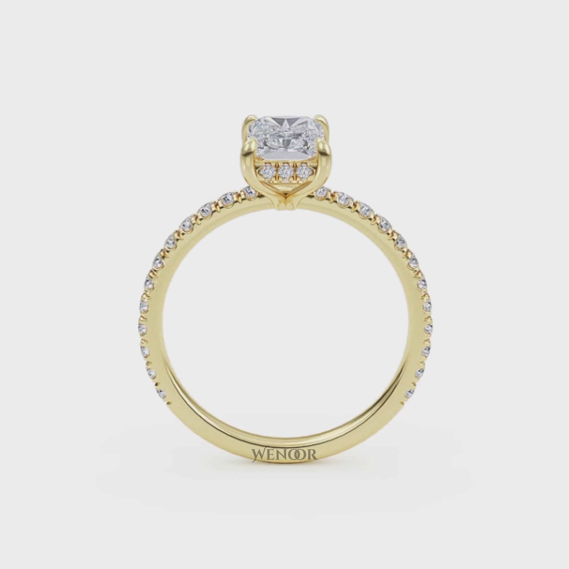 Modern radiant cut engagement ring with hidden halo accents, crafted with conflict free lab grown diamonds 