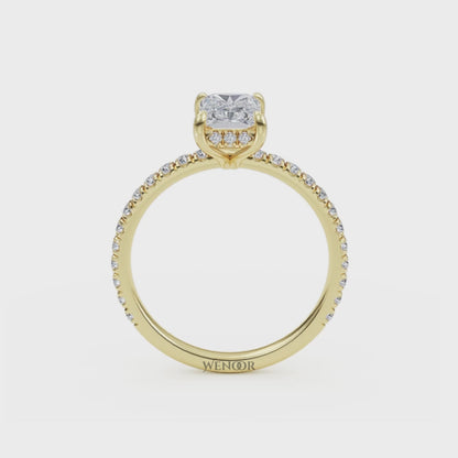 Modern radiant cut engagement ring with hidden halo accents, crafted with conflict free lab grown diamonds 