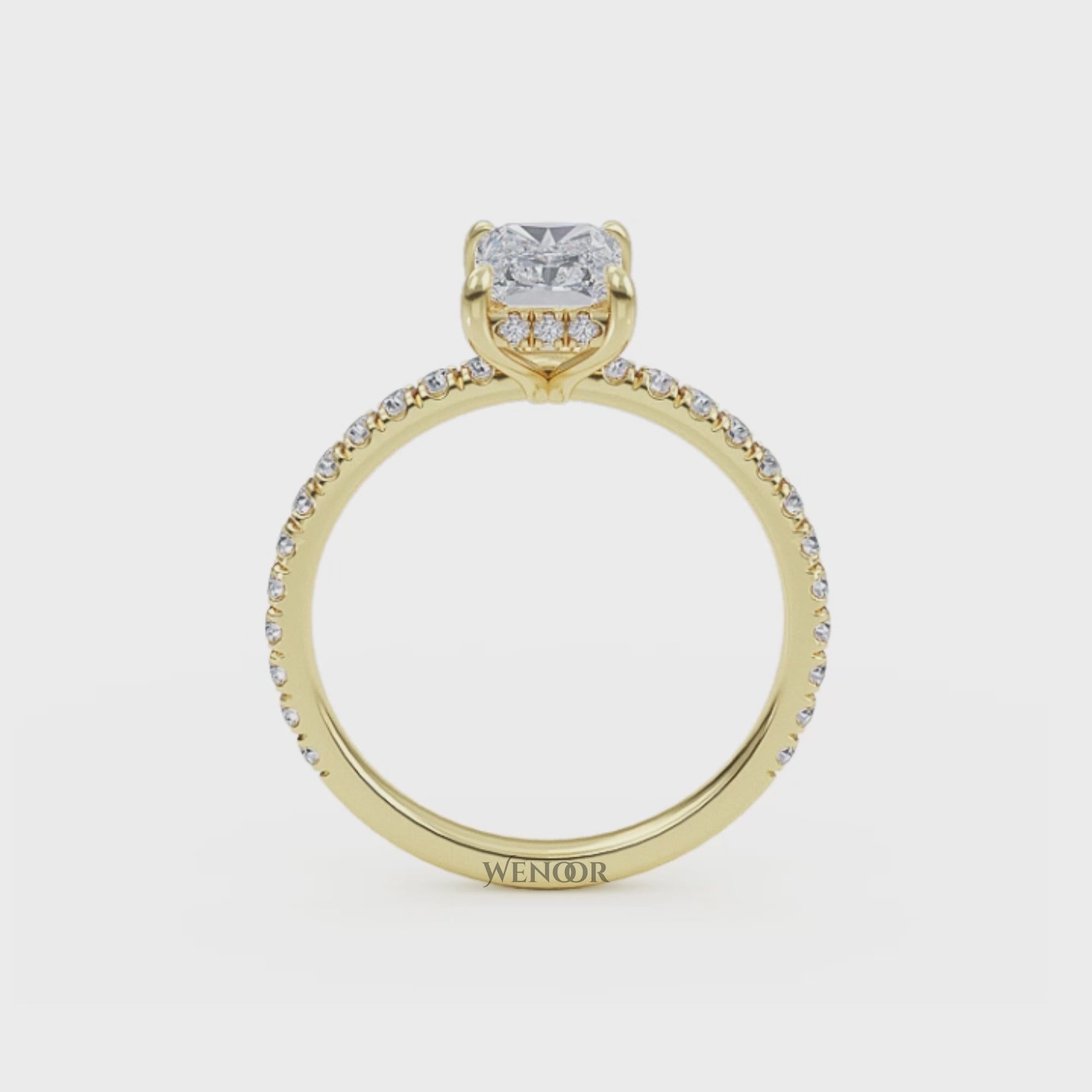 Modern radiant cut engagement ring with hidden halo accents, crafted with conflict free lab grown diamonds 