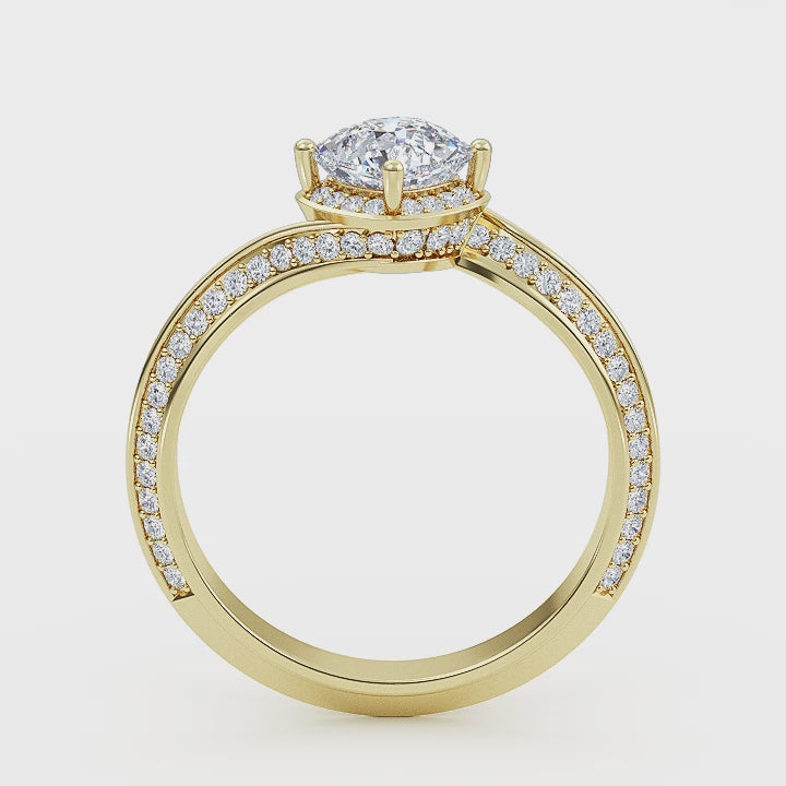 Cushion cut lab grown diamond engagement ring in white, yellow, rose gold with brilliant faceting and four prong  settinge