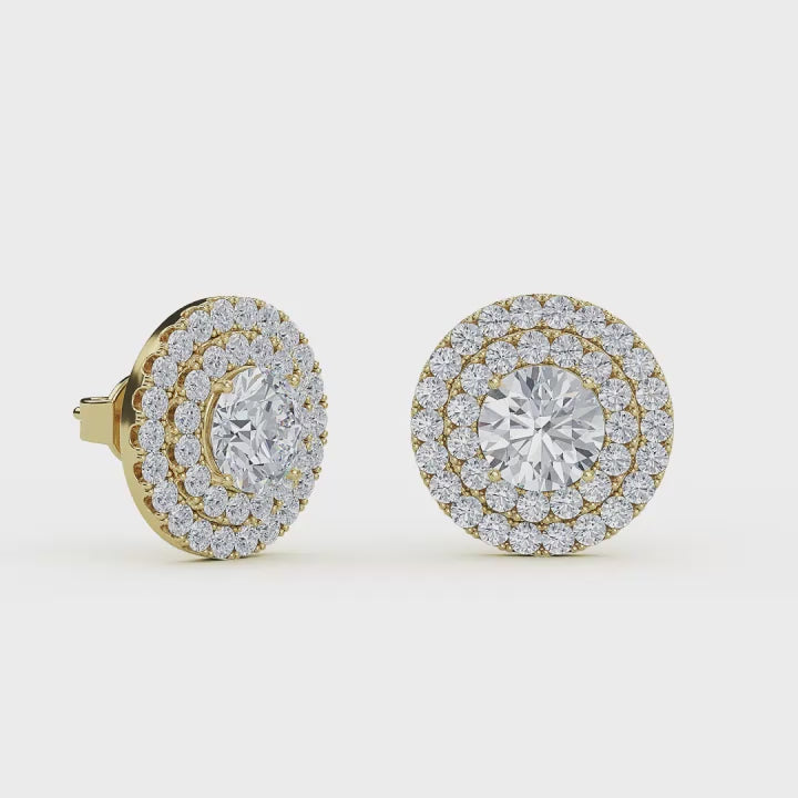 Round Double Halo Lab Grown Diamond Stud Earrings in 14K Gold
