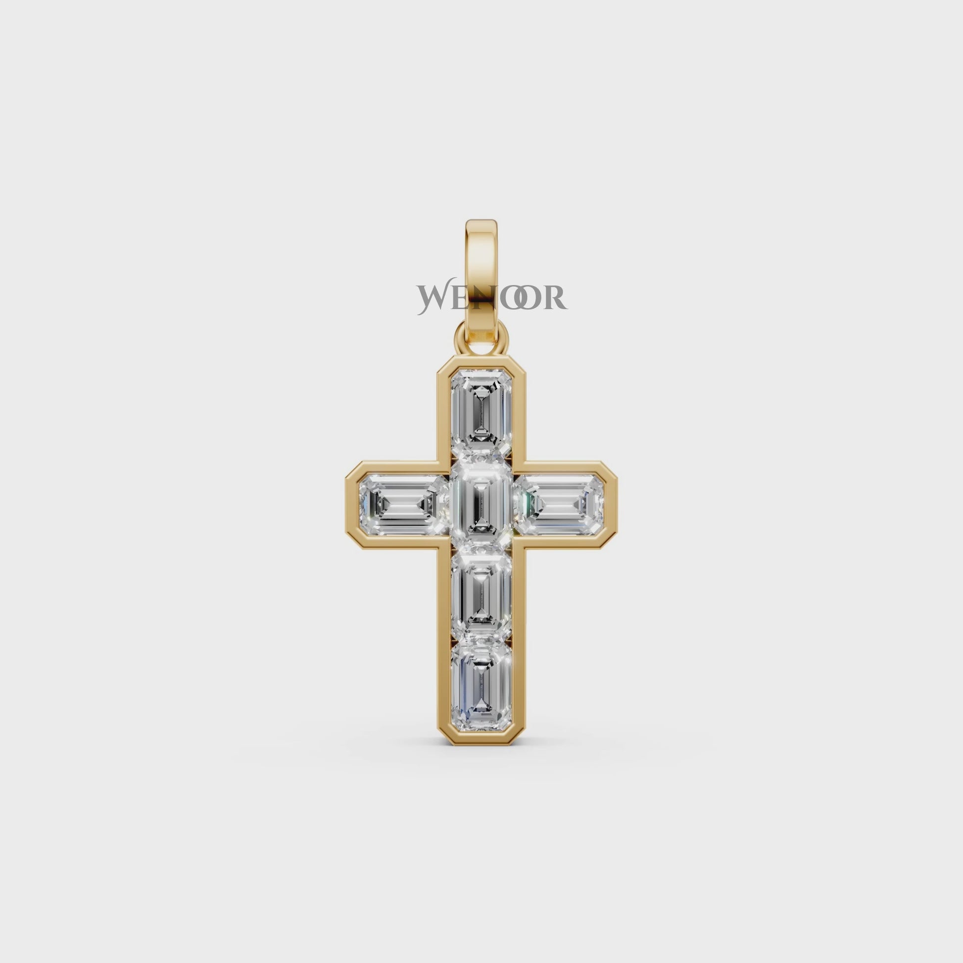 Alma Jesus cross pendant with six emerald-cut lab grown diamonds bordered in 14K/18K Yellow gold