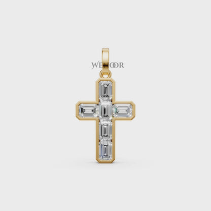 Alma Jesus cross pendant with six emerald-cut lab grown diamonds bordered in 14K/18K Yellow gold