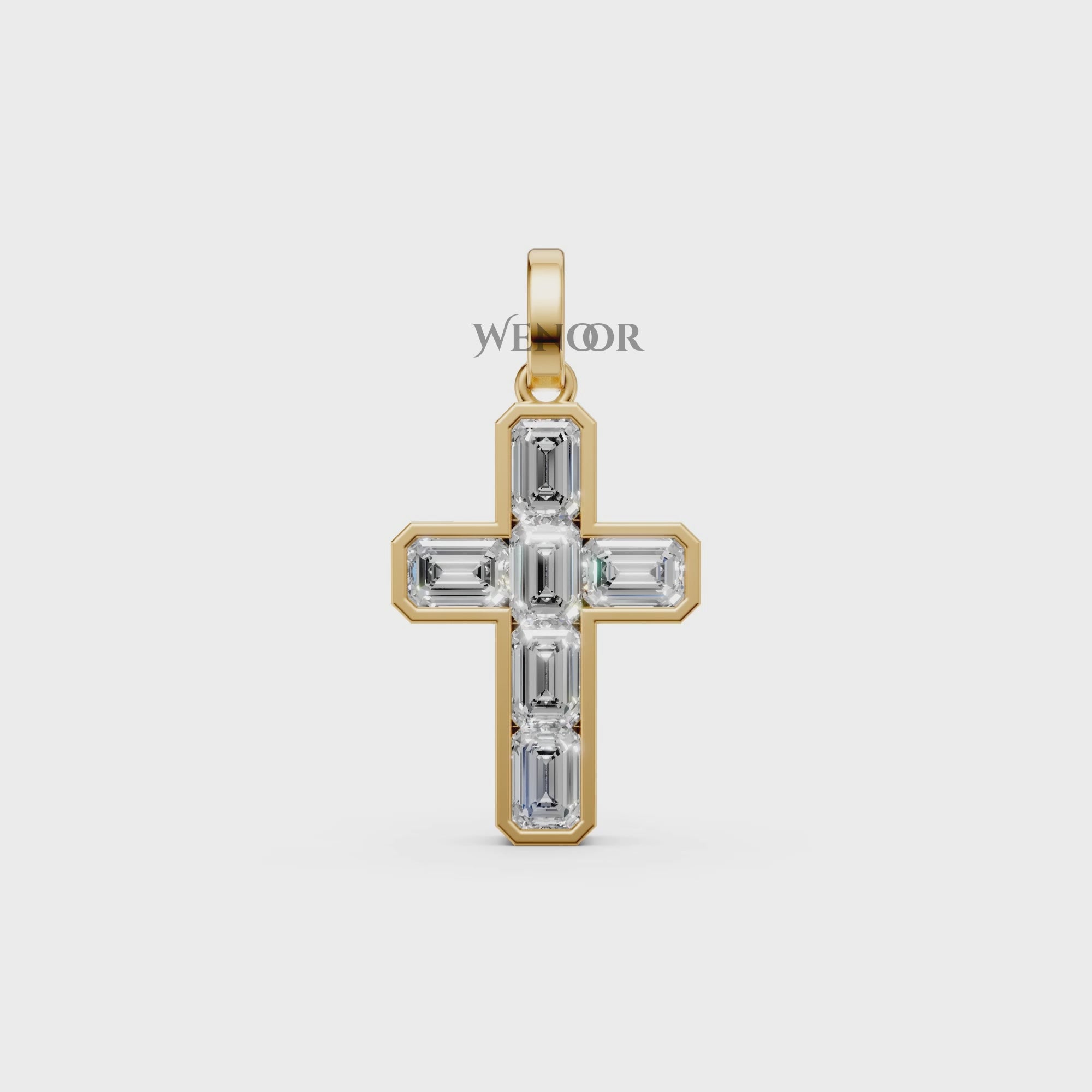 Alma Jesus cross pendant with six emerald-cut lab grown diamonds bordered in 14K/18K Yellow gold