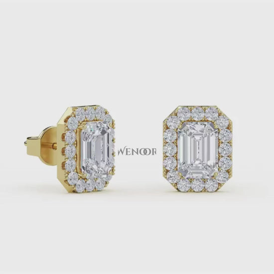 Emerald cut halo stud lab grown diamond - 14k Gold classic earring for women