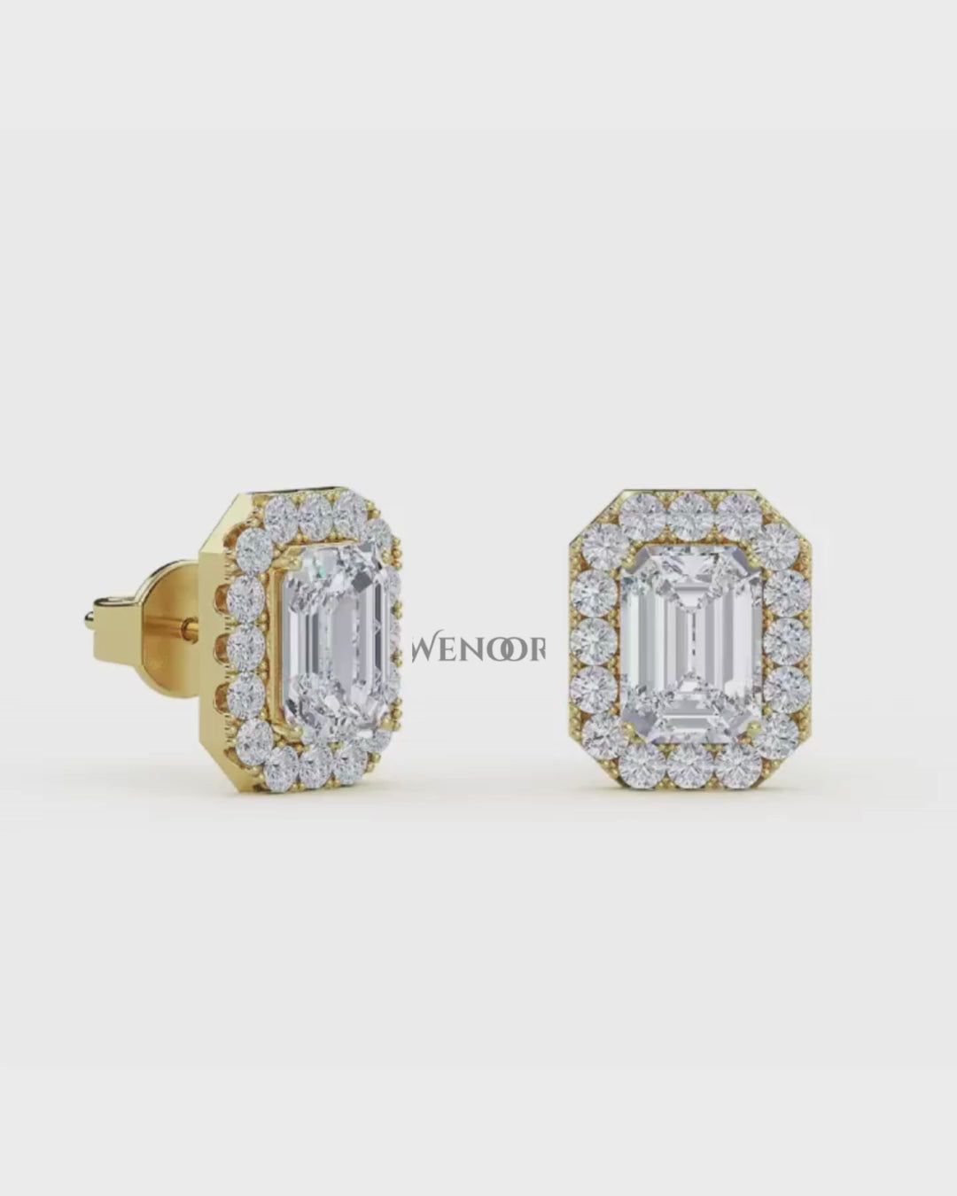 Emerald cut halo stud lab grown diamond - 14k Gold classic earring for women
