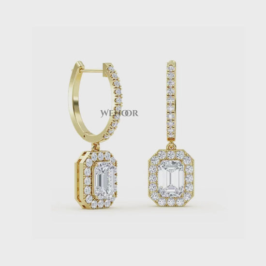 Luxury 18k Gold Dangle Drop Earrings with Emerald Cut Lab Diamond & Halo of Brilliant Stones