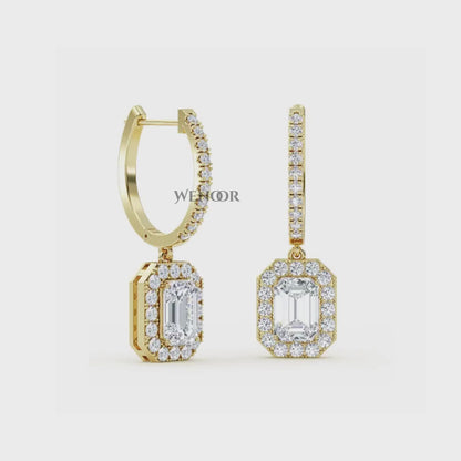 Luxury 18k Gold Dangle Drop Earrings with Emerald Cut Lab Diamond & Halo of Brilliant Stones