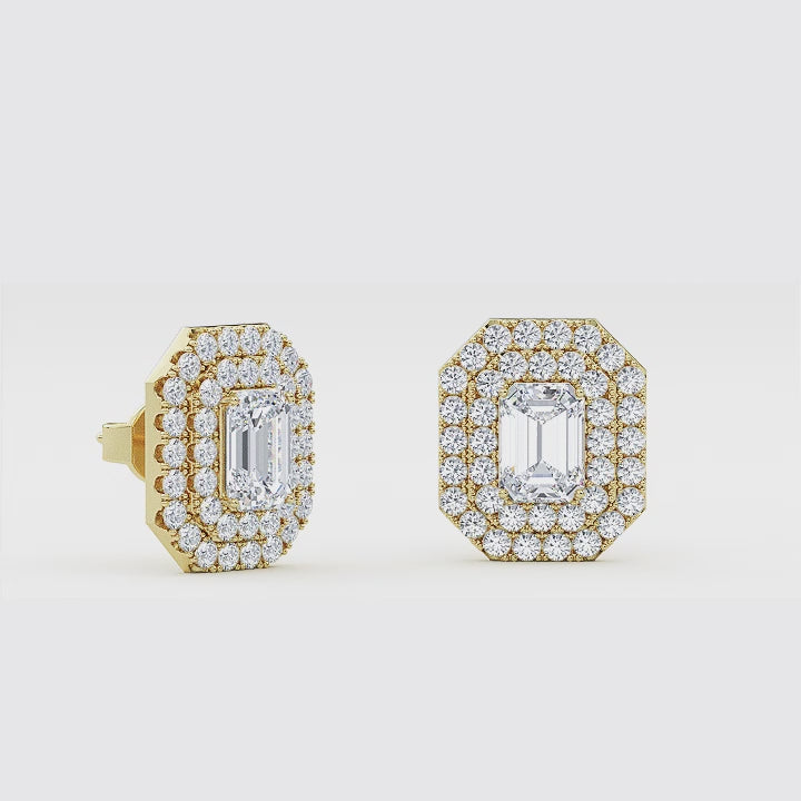 Ethical emerald cut lab grown diamond studs with two rows of round diamonds set in 14K yellow gold
