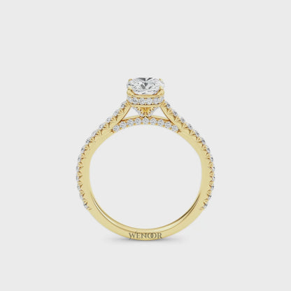 Unique Cushion Cut Engagement Diamond Ring  Hidden Halo style