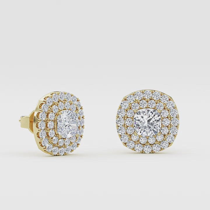 Luxury cushion cut lab grown diamond double halo stud earrings in 14K gold