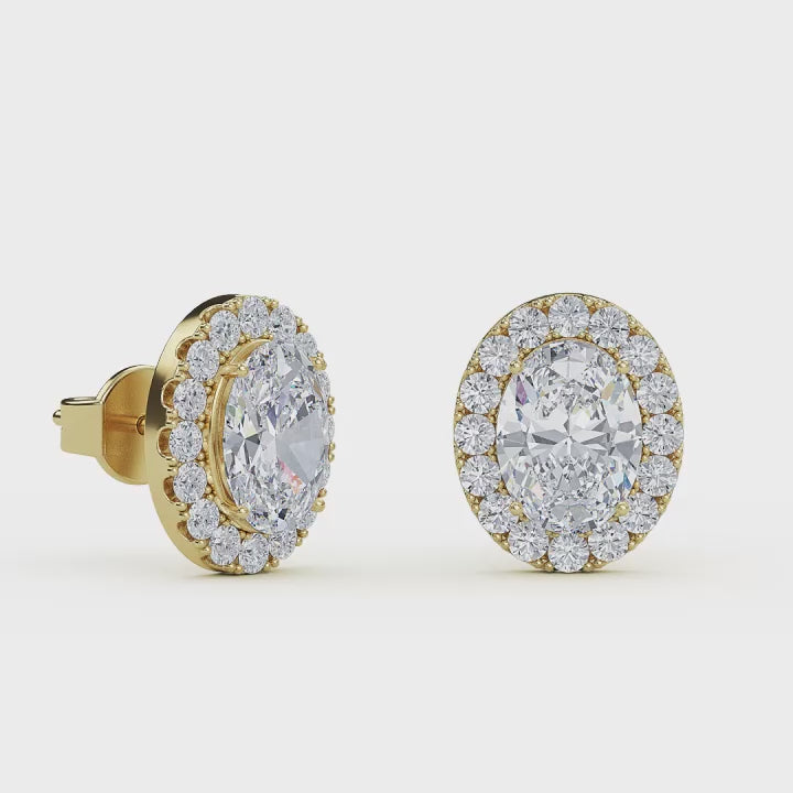Oval Shape Halo Lab Grown Diamond Stud Earrings - halo of round brilliant lab diamonds, set in premium 14K  gold.