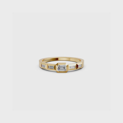 Emerald lab diamond engagement ring in bezel setting with pavé accent band  gold solitaire bridal ring