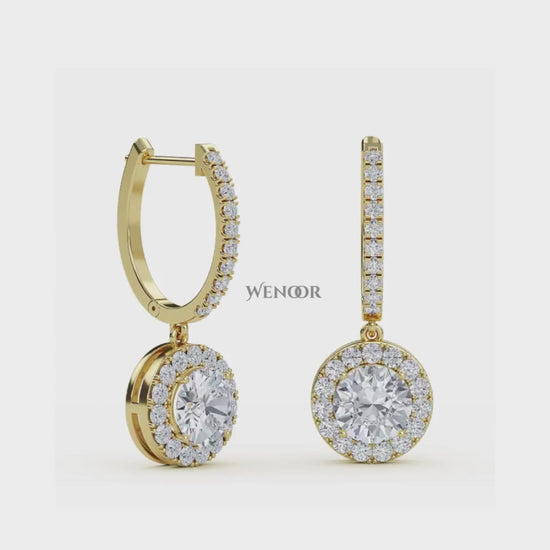 Cushion cut lab diamond halo drop earrings in 14K gold – perfect gift for women