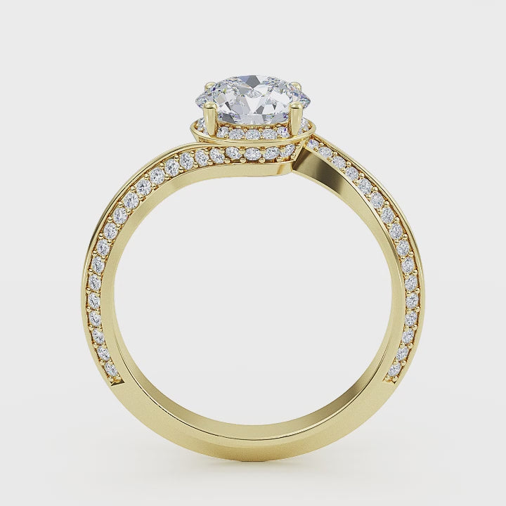 Woman wearing round cut lab-grown diamond ring on hand, sunlight highlighting its fire and scintillation"