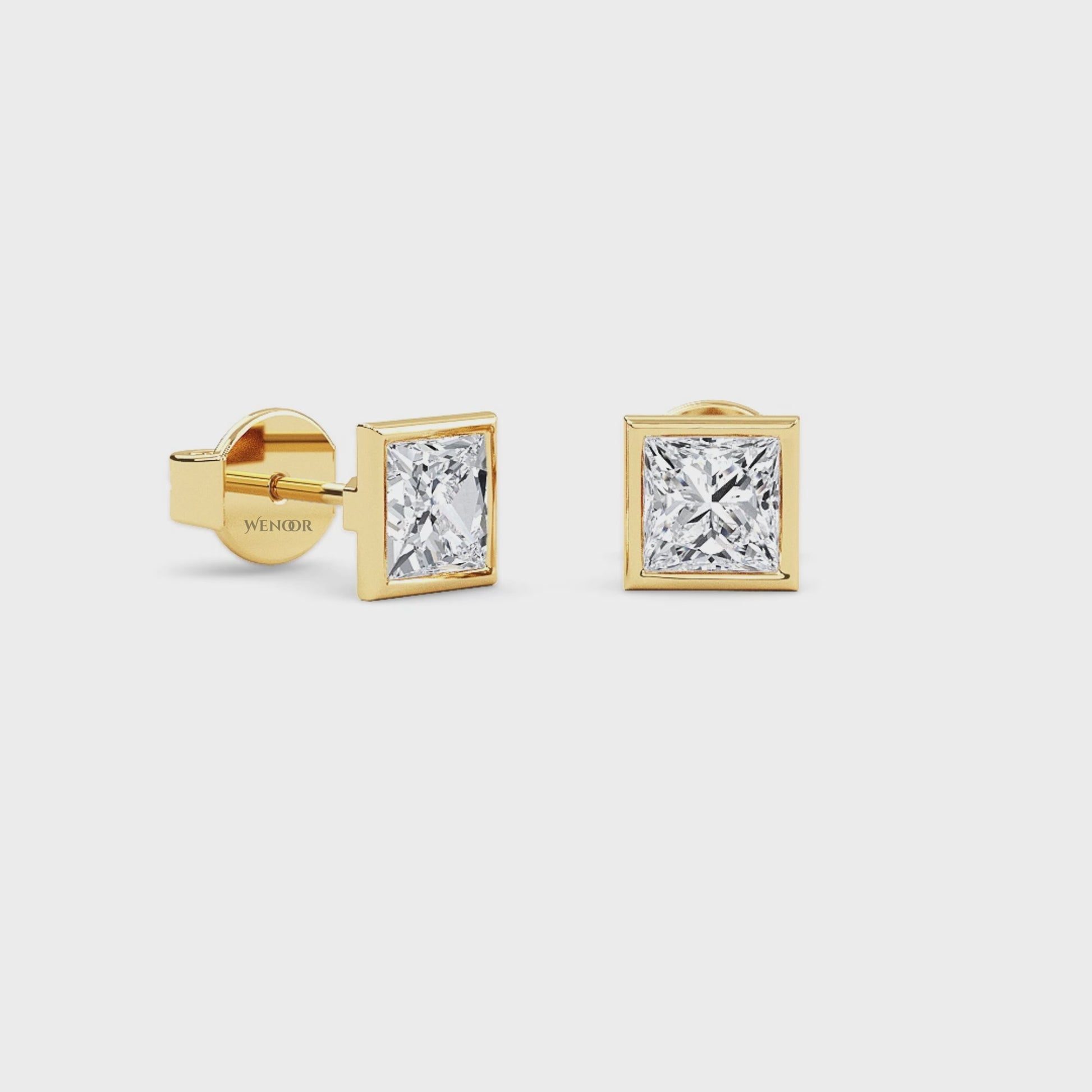 Princess cut bezel lab diamond stud earrings in 14K gold - sustainable luxury studs