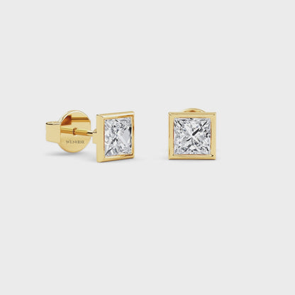 Princess cut bezel lab diamond stud earrings in 14K gold - sustainable luxury studs