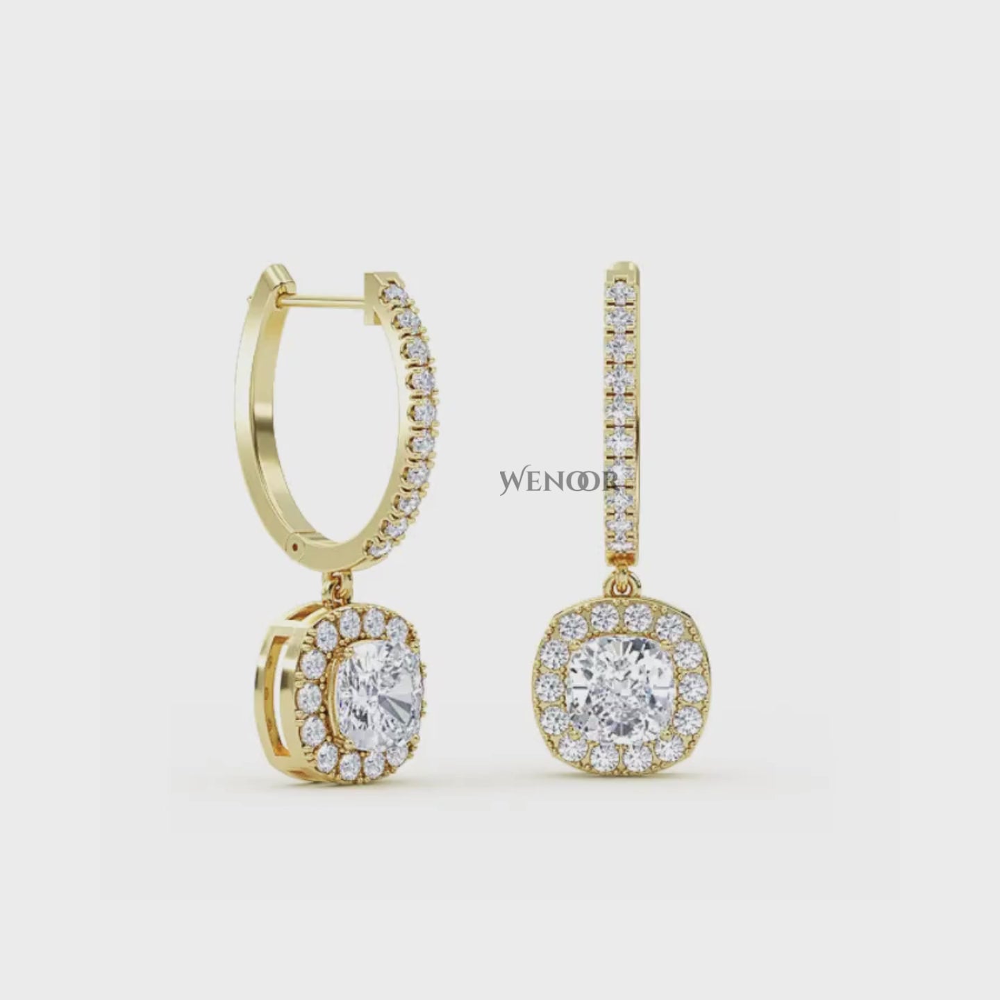 Cushion Cut Dangle Drop Lab Diamond Earring  in 14k Yellow Gold 