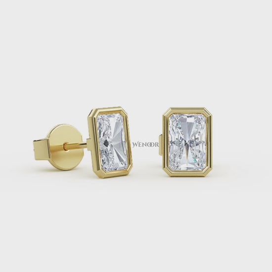 Ethical radiant cut diamond earrings in recycled gold bezel setting – IGI certified