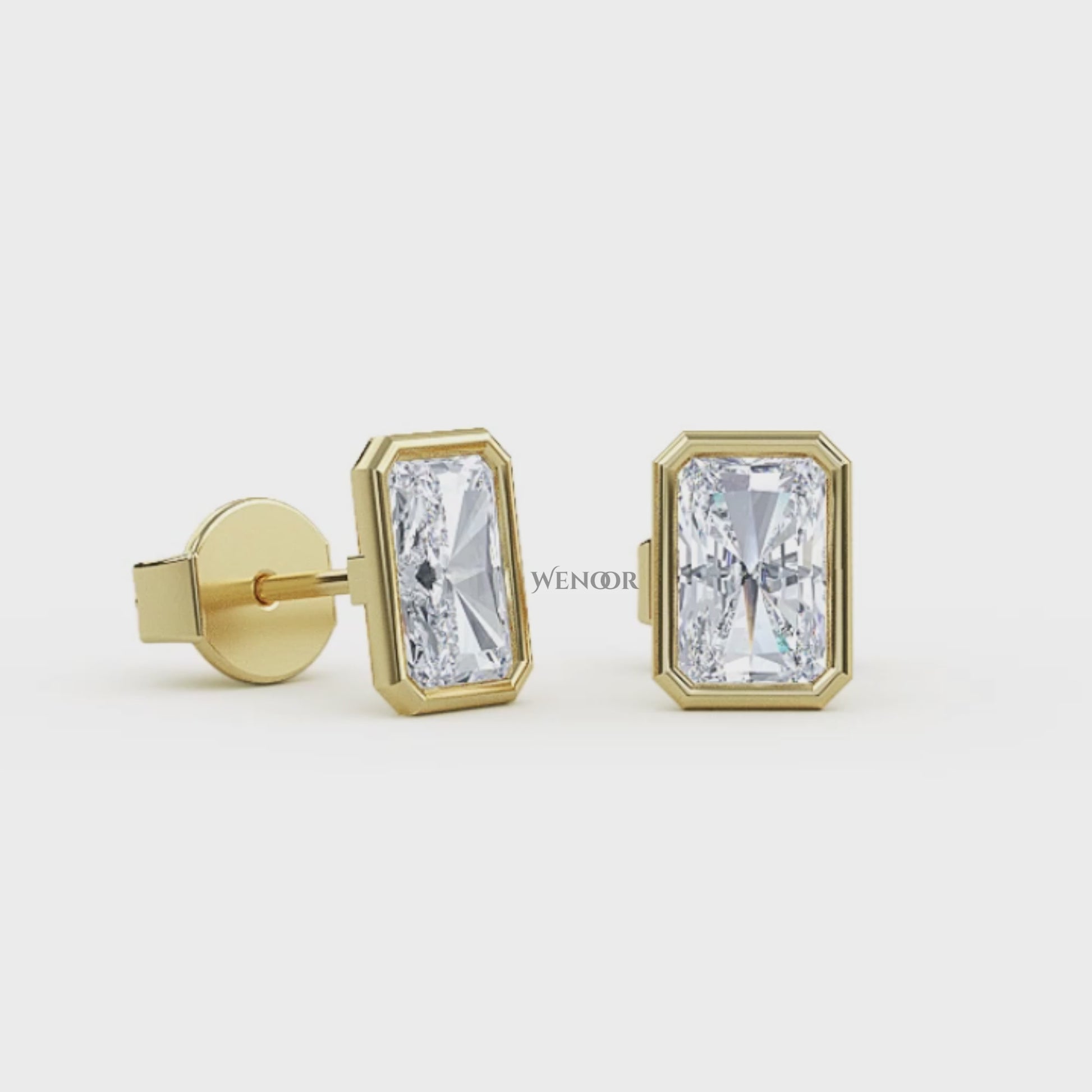 Ethical radiant cut diamond earrings in recycled gold bezel setting – IGI certified