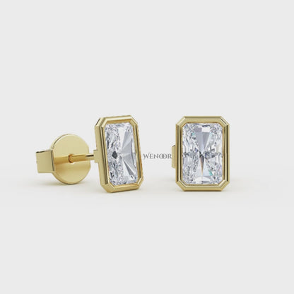 Ethical radiant cut diamond earrings in recycled gold bezel setting – IGI certified