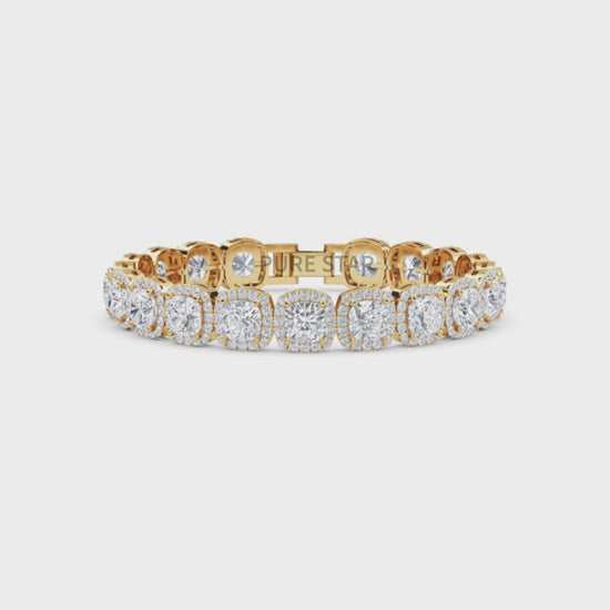 Yellow gold tennis bracelet featuring cushion  and round lab diamonds - luxurious bridal gift.