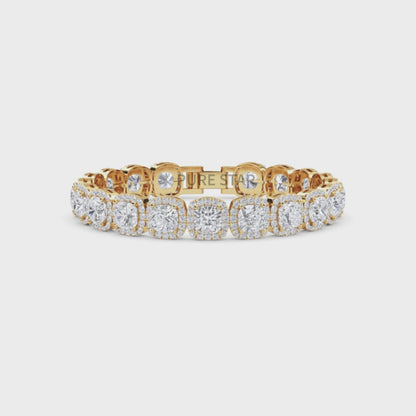 Yellow gold tennis bracelet featuring cushion  and round lab diamonds - luxurious bridal gift.